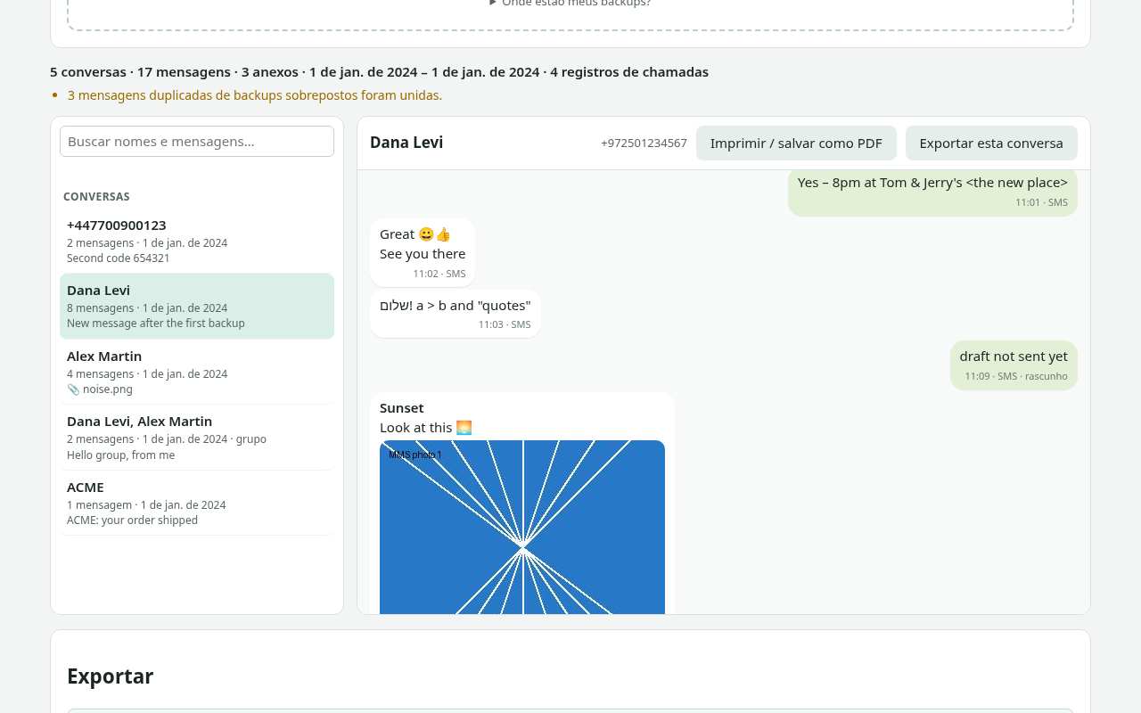 Threadlode com a lista de conversas à esquerda e uma conversa com fotos à direita